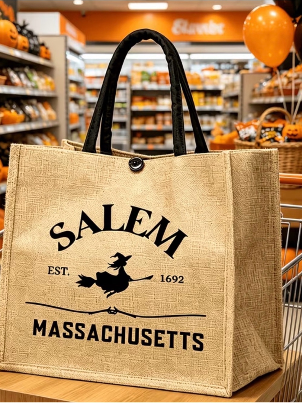 Massachusetts Jute Tote Bag in Natural with Black Handles
